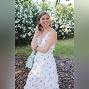 🤍 🫐Blue Forget-Me-Not Floral White Midi Dress | Size L | Spring Cottagecore 🤍🫐